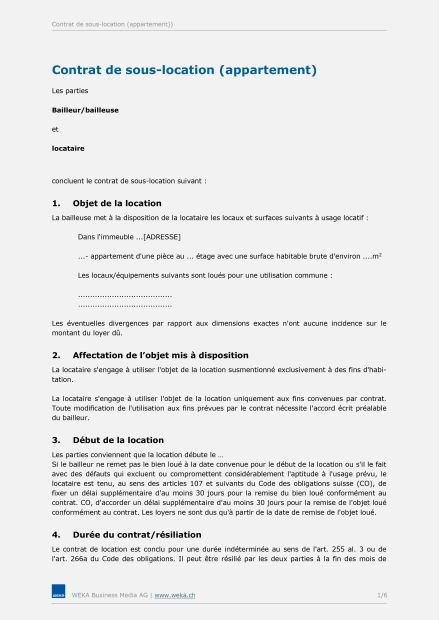 Contrat de sous-location d'un appartement 