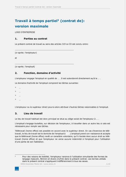 Contrat de travail Temps partiel 