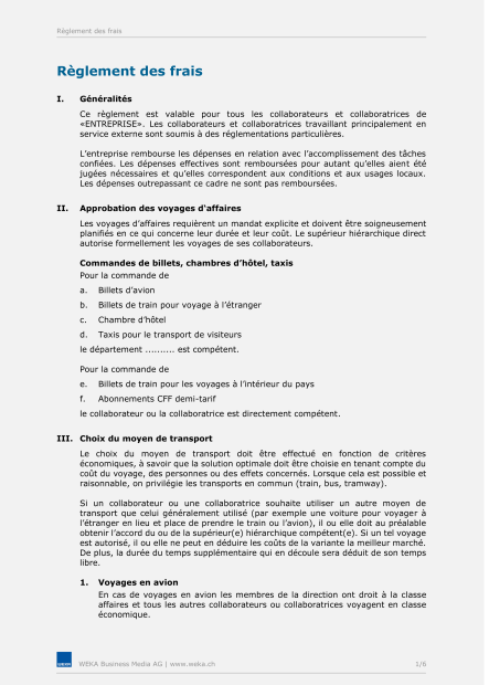 Règlement relatif aux frais professionnels 