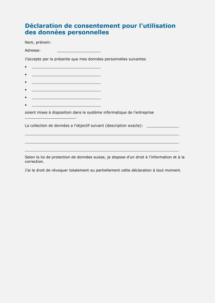 Déclaration de consentement pour l’utilisation des données personnelles 