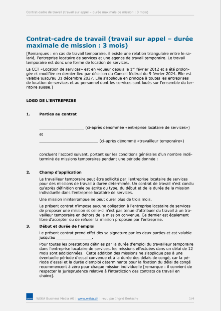 Modèle de contrat de travail (travail sur appel) 