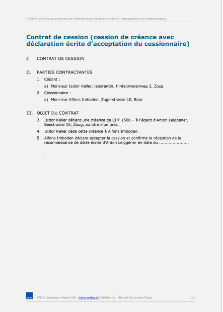 Contrat de cession (cession de créance avec déclaration écrite d'acceptation du cessionnaire) 