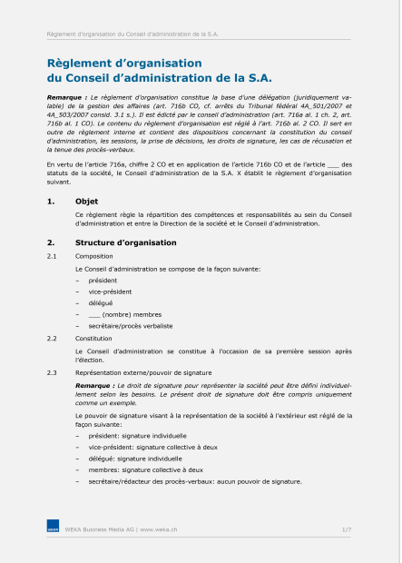 Règlement d'organisation d'une SA 