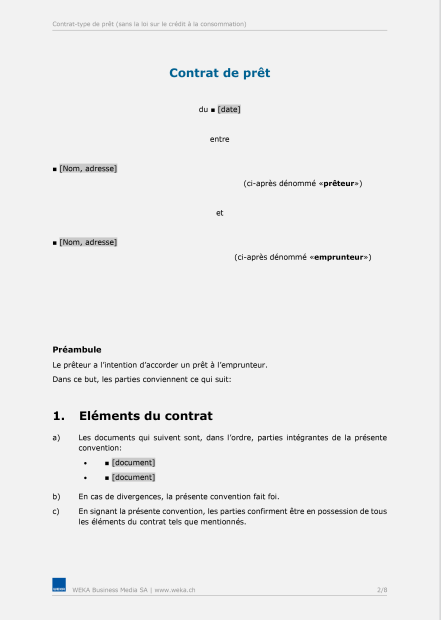 Contrat-type de prêt sans la loi sur le crédit à la consommation 