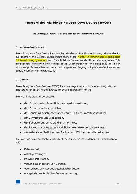 Muster Richtlinie "Bring Your Own Device" (BYOD) 