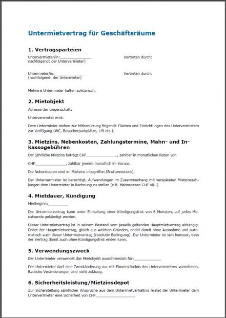 Muster Untermietvertrag für Geschäftsräume 