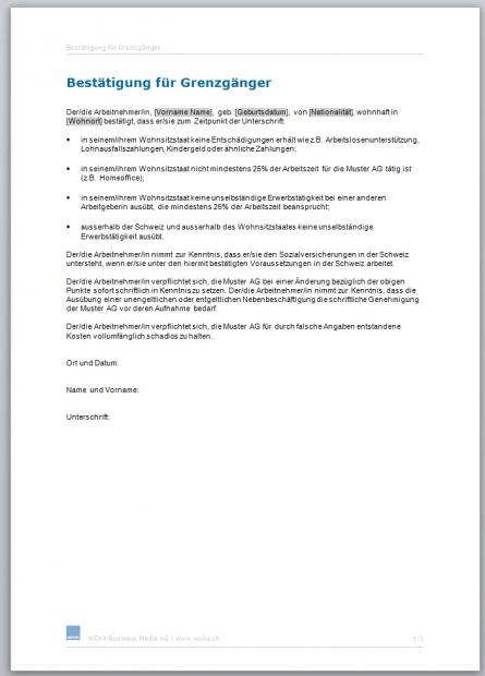 Muster Bestätigung Grenzgänger 