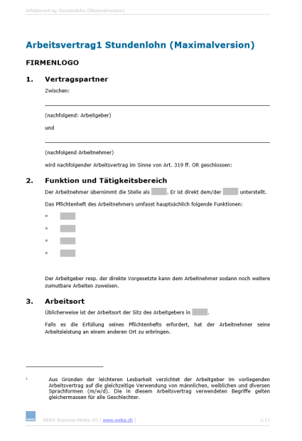 Download-Paket Arbeitsvertrag Stundenlohn D, E, F 