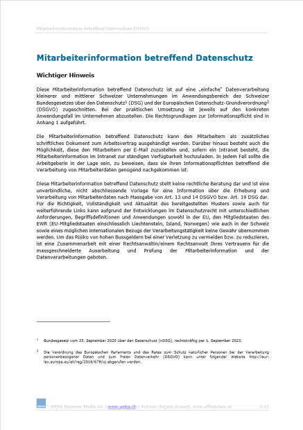 Muster Mitarbeiterinformation betreffend Datenschutz 