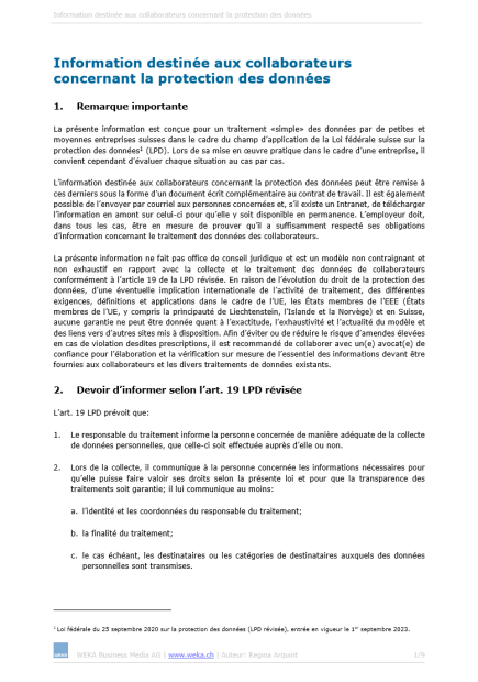 Modèle d'information destinée aux collaborateurs concernant la protection des données 