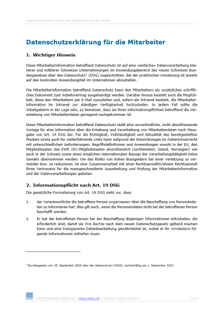 Muster Mitarbeiterinformation betreffend Datenschutz 