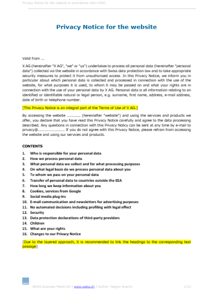 Datenschutzerklärung für die Webseite nach nDSG D, E, F 