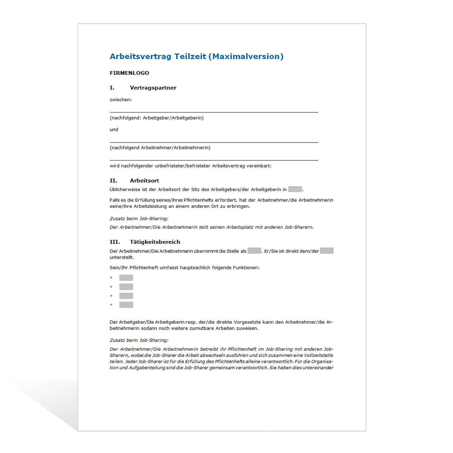 Muster Arbeitsvertrag Teilzeit Maximalversion