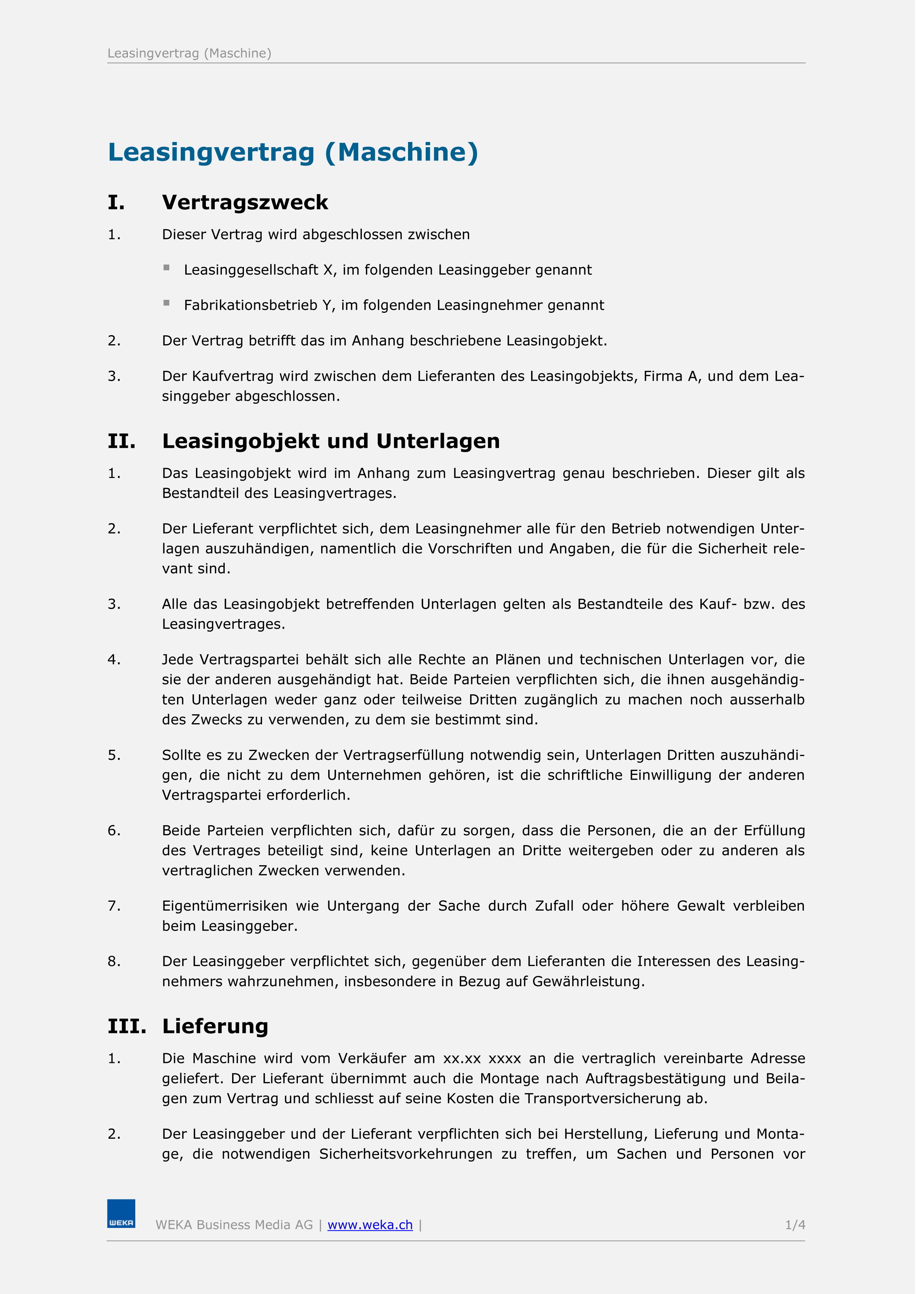 Muster Leasingvertrag Maschine WEKA Schweiz Muster Leasingvertrag Maschine WEKA Schweiz