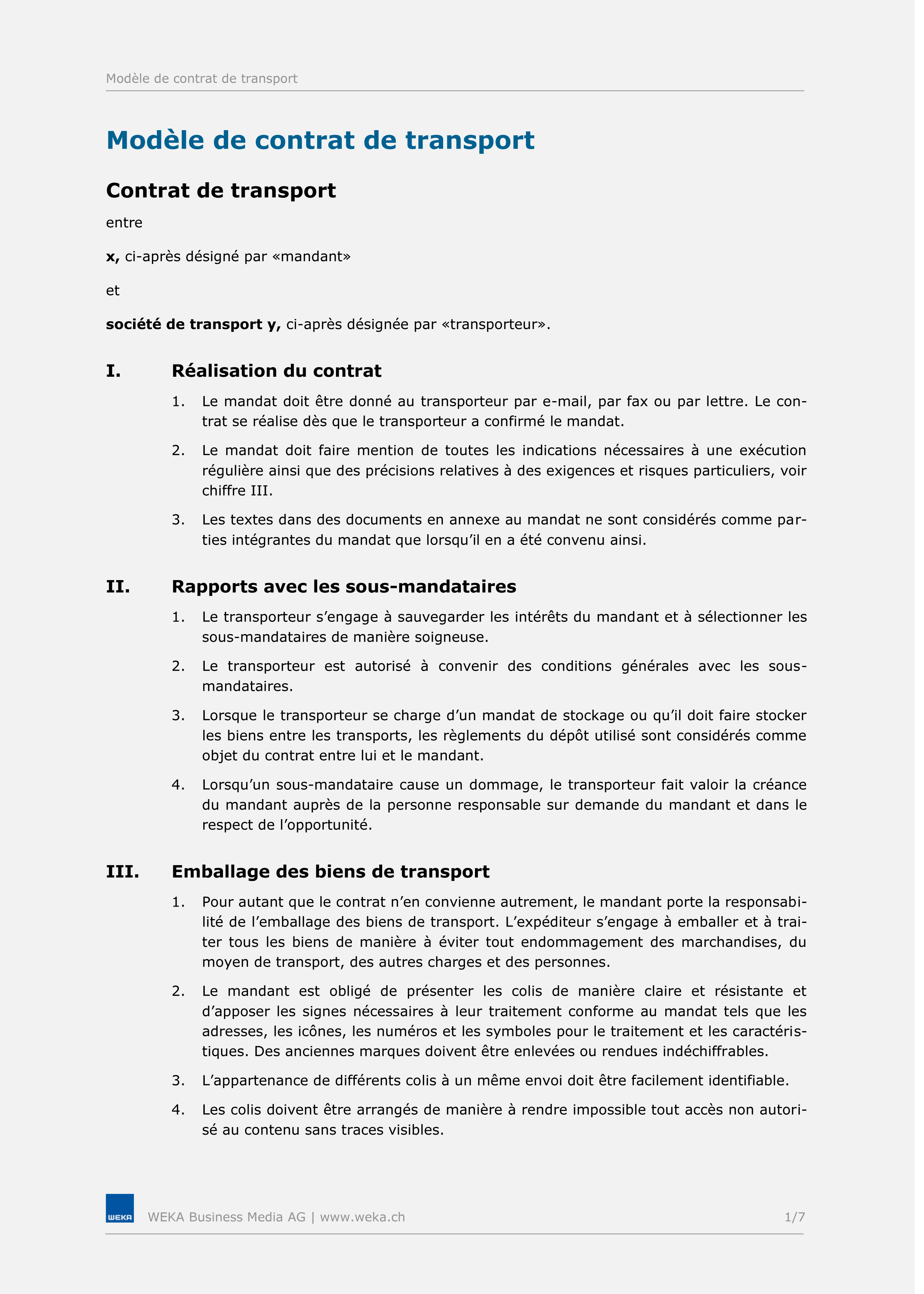 Modèle de contrat de transport