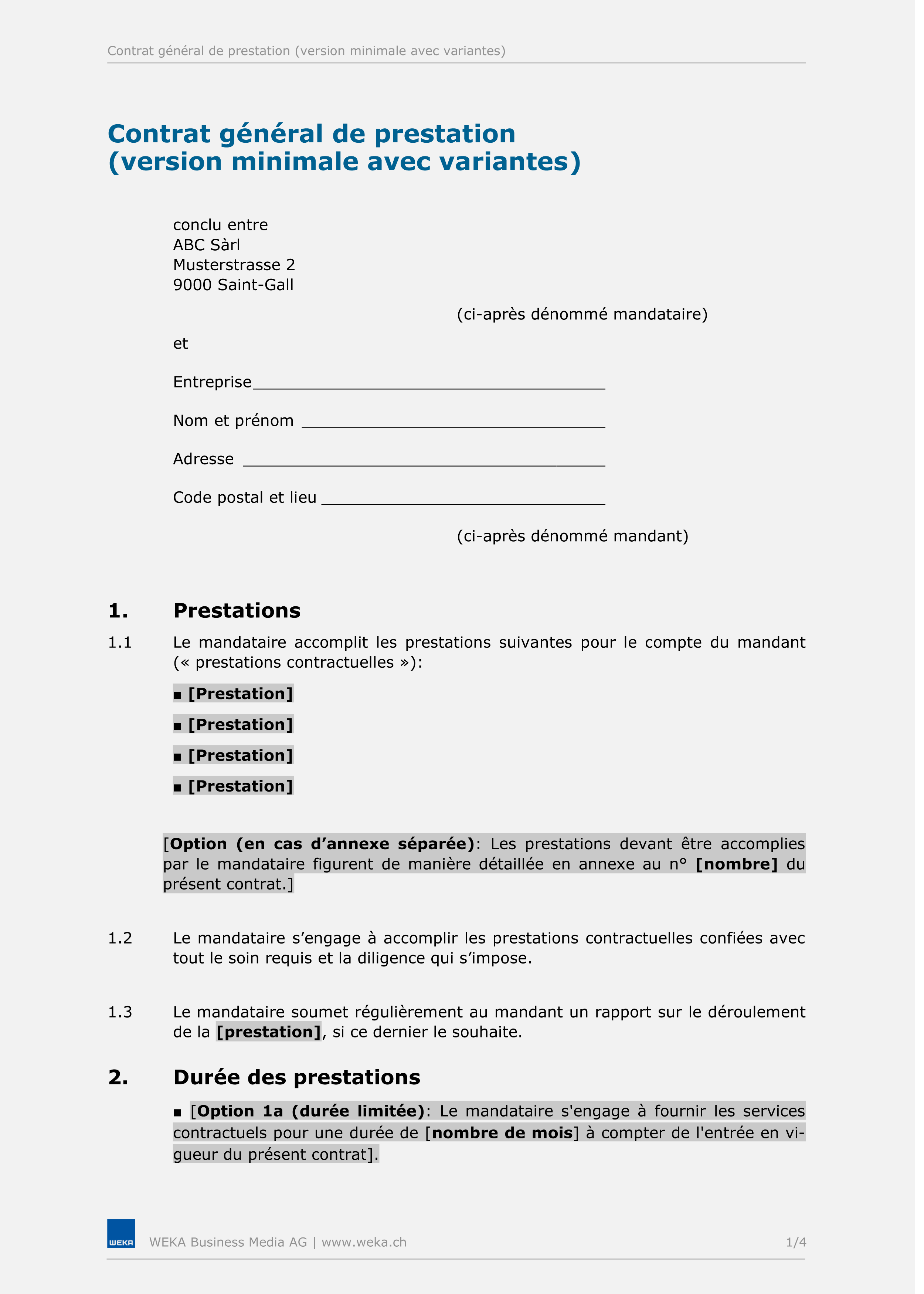 Modèle de contrat de prestation