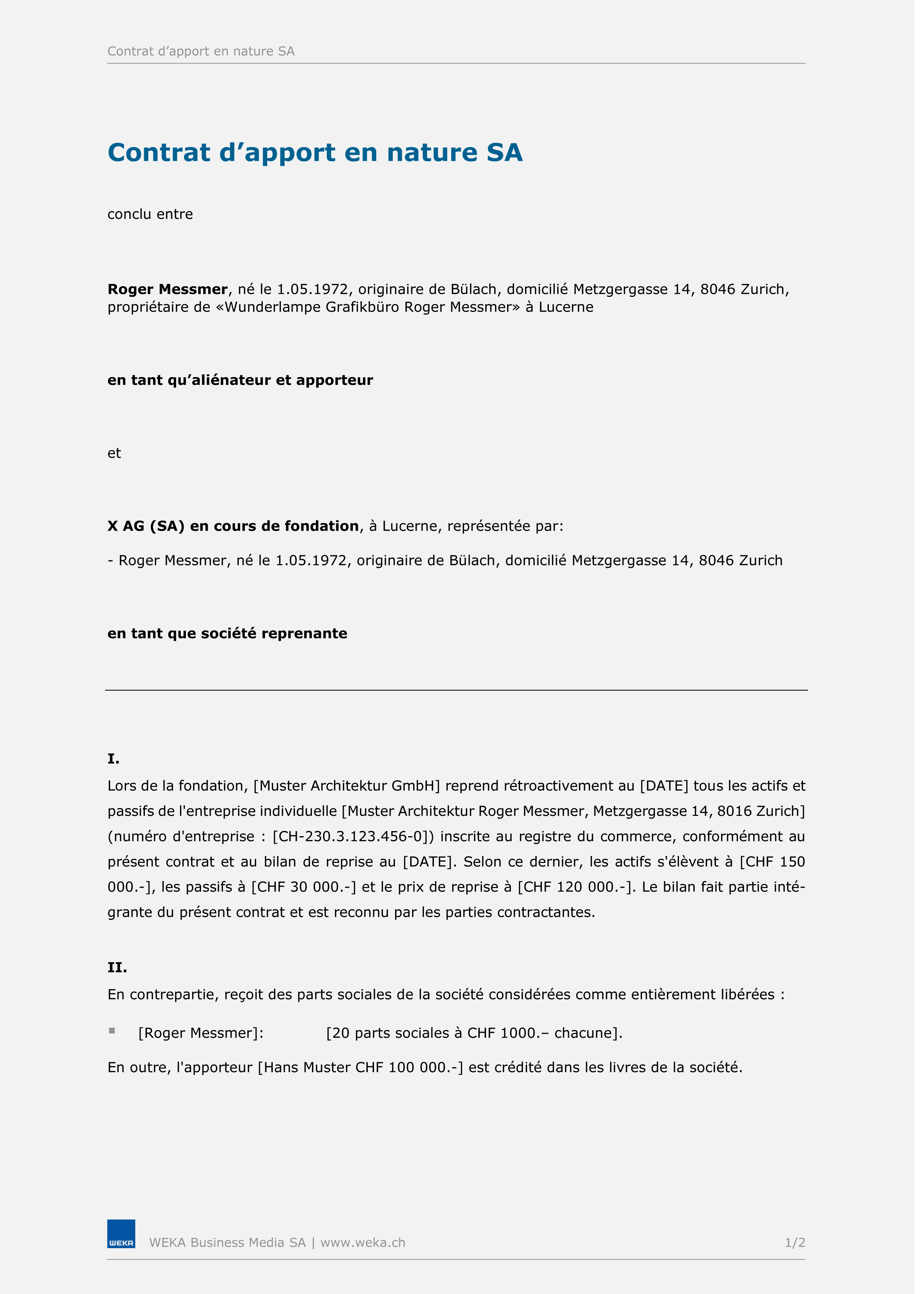 Contrat d’apport en nature SA